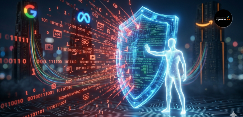 Escudo digital de luz protegiendo una silueta humana contra la lluvia de datos binarios, concepto de seguridad y privacidad informática