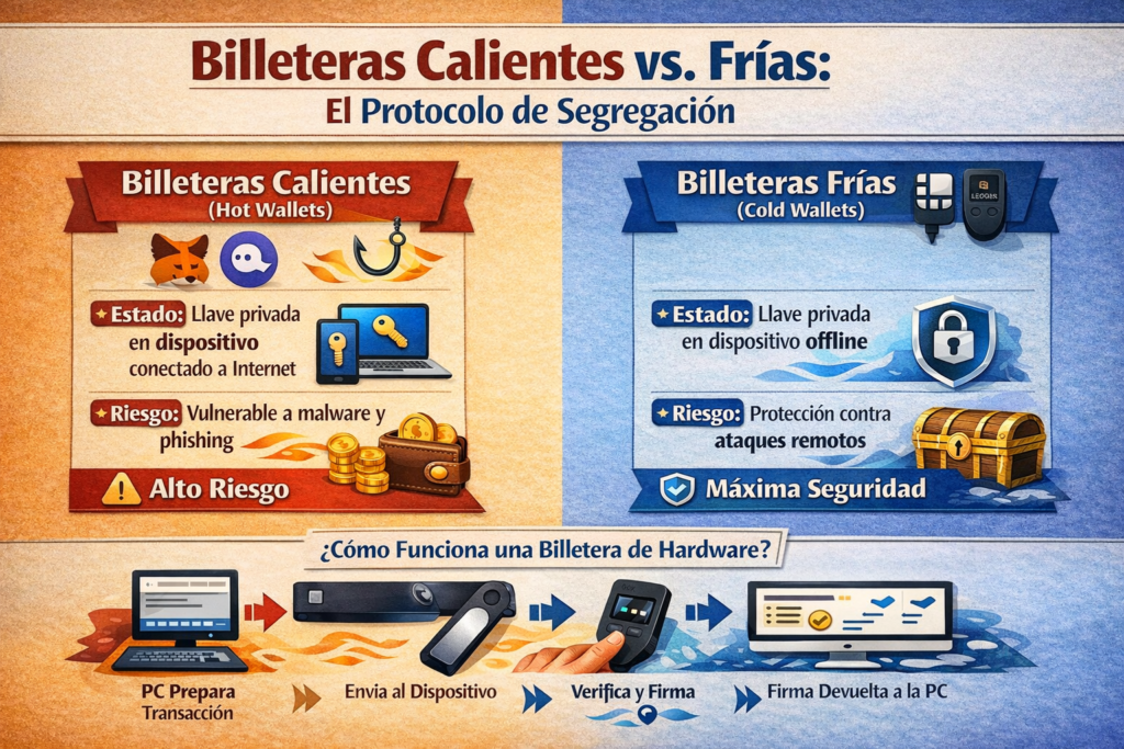 Infografía comparativa de Billeteras Calientes (Hot Wallets) vs. Billeteras Frías (Cold Wallets). Arriba, muestra los logotipos de Metamask y Phantom, el estado "Llave privada en dispositivo conectado" y el riesgo "Vulnerable a malware y phishing" (Alto Riesgo). Al lado, una Cold Wallet (dispositivo Ledger) con el estado "Llave privada en dispositivo offline" (Mínimo Riesgo). Abajo, un diagrama de flujo de 4 pasos que explica el proceso técnico del "Firmado Fuera de Línea" (Offline Signing) en una billetera de hardware, desde que la PC prepara la transacción hasta que el dispositivo la firma físicamente y devuelve solo la firma a la PC.