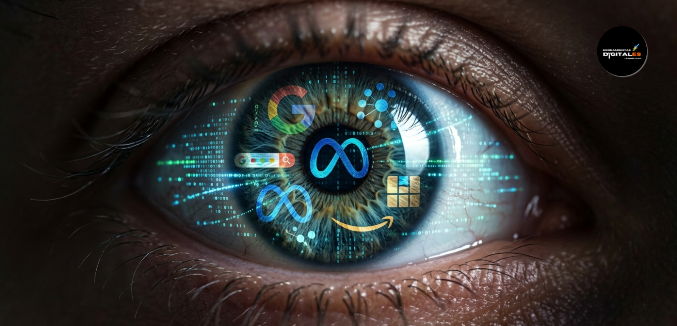 Primer plano fotorrealista de un ojo humano reflejando códigos digitales y logotipos de grandes tecnológicas, simbolizando la vigilancia de datos.