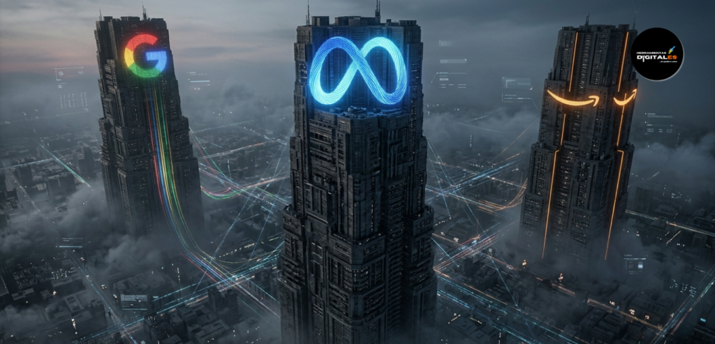 Representación conceptual de tres torres tecnológicas monolíticas en un paisaje futurista bajo una atmósfera cinematográfica.