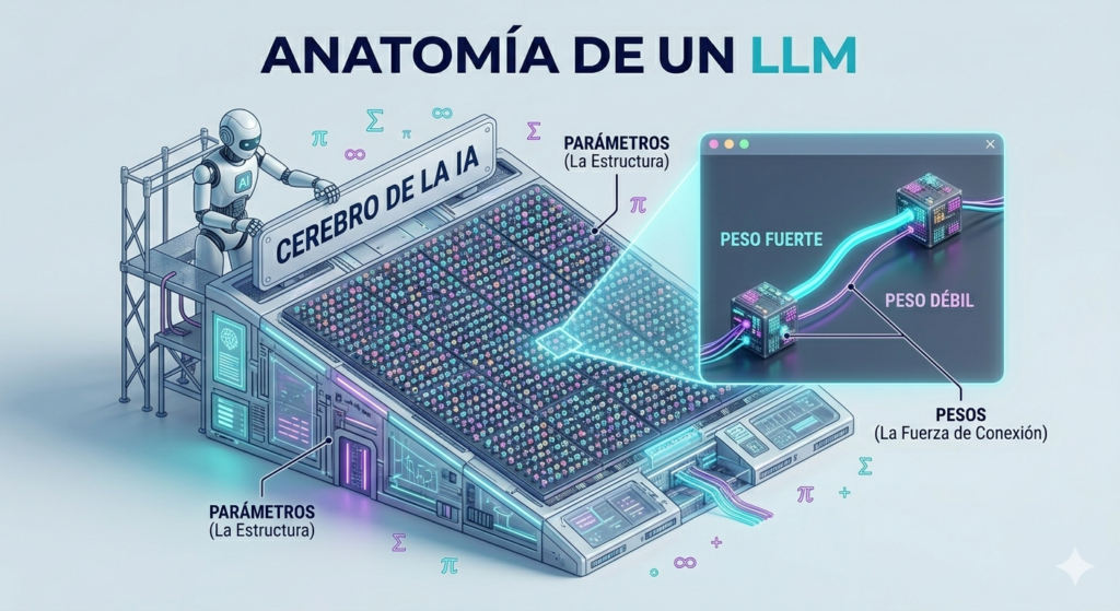 "Infografía conceptual en estilo isométrico 3D. Un gran plano inclinado representa el 'CEREBRO DE LA IA'. Este plano está cubierto por una rejilla de millones de puntos brillantes etiquetados como 'PARÁMETROS' (la estructura). Al hacer zoom en un par de puntos, se ven líneas gruesas y delgadas conectándolos, etiquetadas como 'PESOS' (la fuerza de conexión). Título superior: 'ANATOMÍA DE UN LLM'. Tono de mentoría, paleta cian y morado neón."
