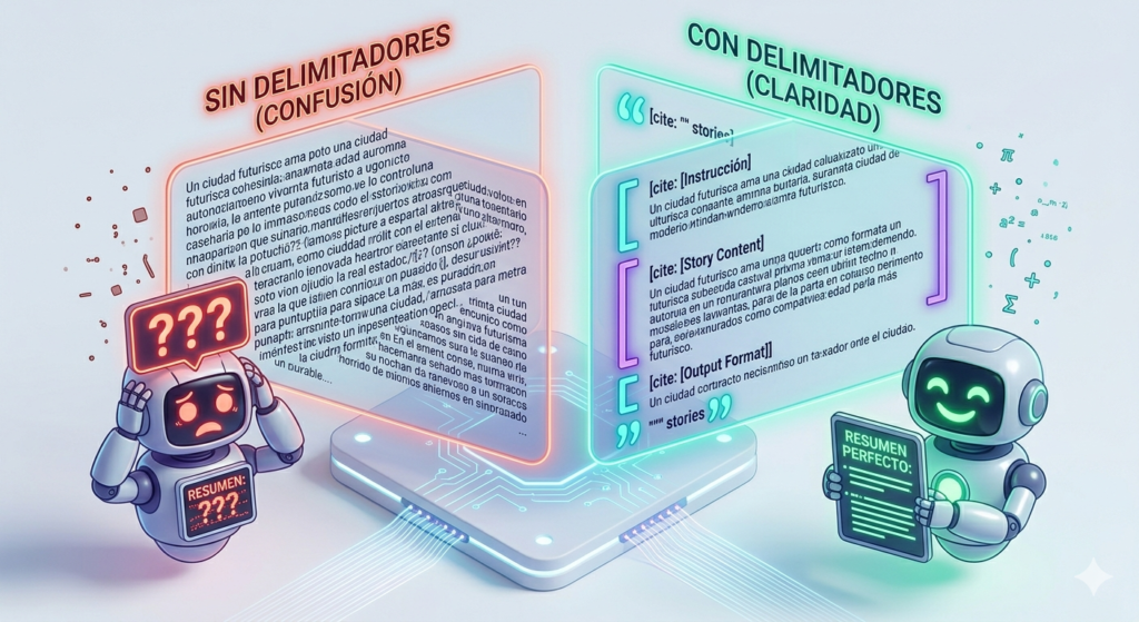 "Ilustración de dos paneles de chat. Panel IZQUIERDO (Malo): Muestra texto desordenado sin espacios claros, un robot de IA con un signo de interrogación en la cabeza y el texto 'RESUMEN: ???'. Título: 'SIN DELIMITADORES (CONFUSIÓN)'. Panel DERECHO (Bueno): Muestra texto estructurado con bloques claros usando o. El robot de IA sonríe y muestra un resumen perfecto. Título: 'CON DELIMITADORES (CLARIDAD)'. Usando la paleta cian/morado neón."