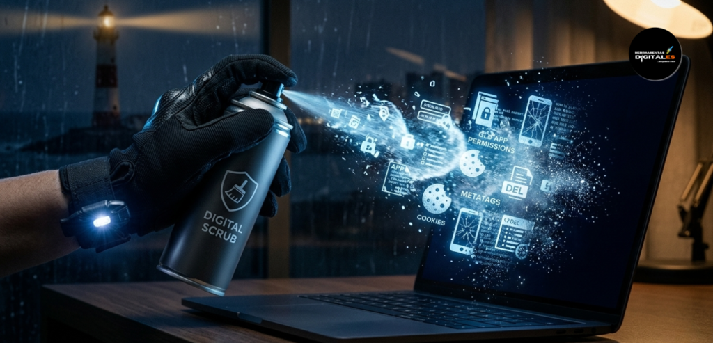 Fotografía fotorrealista en primer plano de una mano blindada con el guante táctico de la mujer aplicando un spray de 'SCRUB DIGITAL'. El aerosol libera una ráfaga de datos brillantes (privacidad, contraseñas fragmentadas) que limpian y disuelven la suciedad ciber-personal de 2026