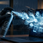 Fotografía fotorrealista en primer plano de una mano blindada con el guante táctico de la mujer aplicando un spray de 'SCRUB DIGITAL'. El aerosol libera una ráfaga de datos brillantes (privacidad, contraseñas fragmentadas) que limpian y disuelven la suciedad ciber-personal de 2026