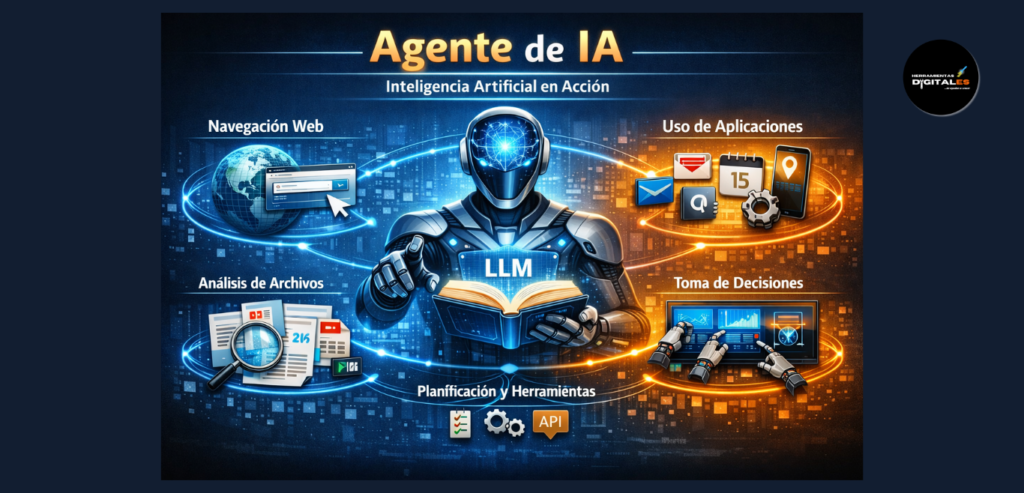 Infografía sobre el concepto de Agente de IA en ia generativa avanzada, mostrando la integración entre razonamiento y ejecución de herramientas externas.