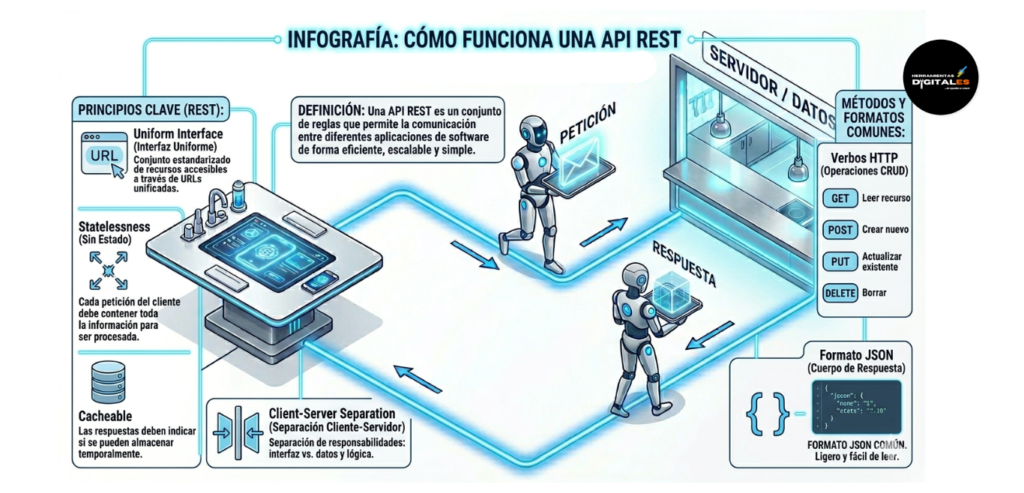 : Infografía conceptual que explica el funcionamiento de una API REST mediante la analogía de un mesero que transporta peticiones y respuestas entre un cliente y un servidor.