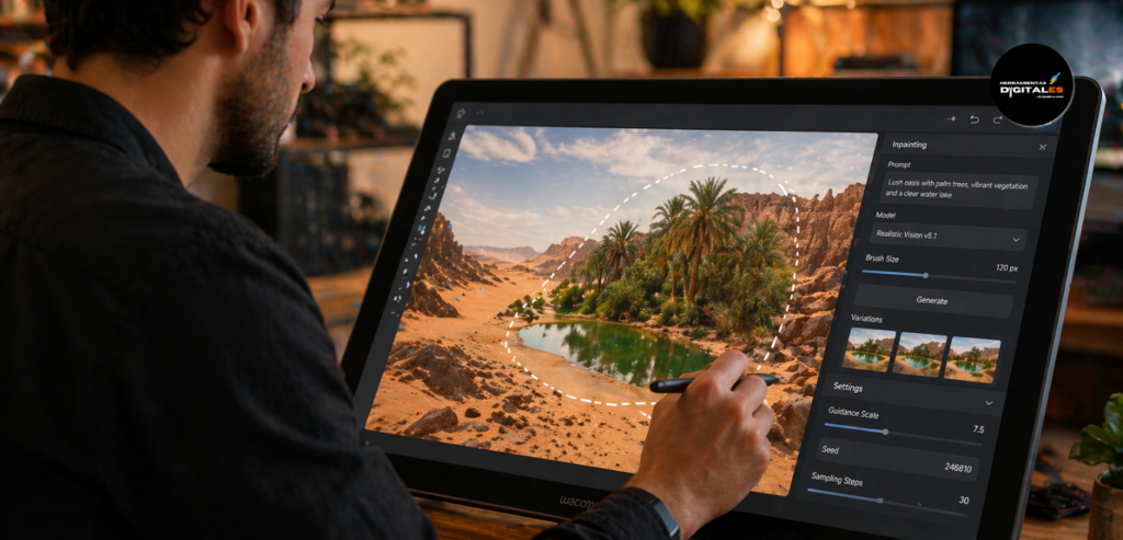 Un creador digital trabajando con una tableta gráfica, utilizando una herramienta de IA para transformar una sección de un paisaje desértico en un oasis exuberante mediante inpainting, realismo extremo, luz ambiental suave.