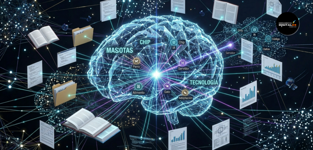 Diagrama que muestra cómo una base de datos vectorial en ia generativa avanzada unifica diferentes tipos de conocimiento humano en un sistema de búsqueda semántica.