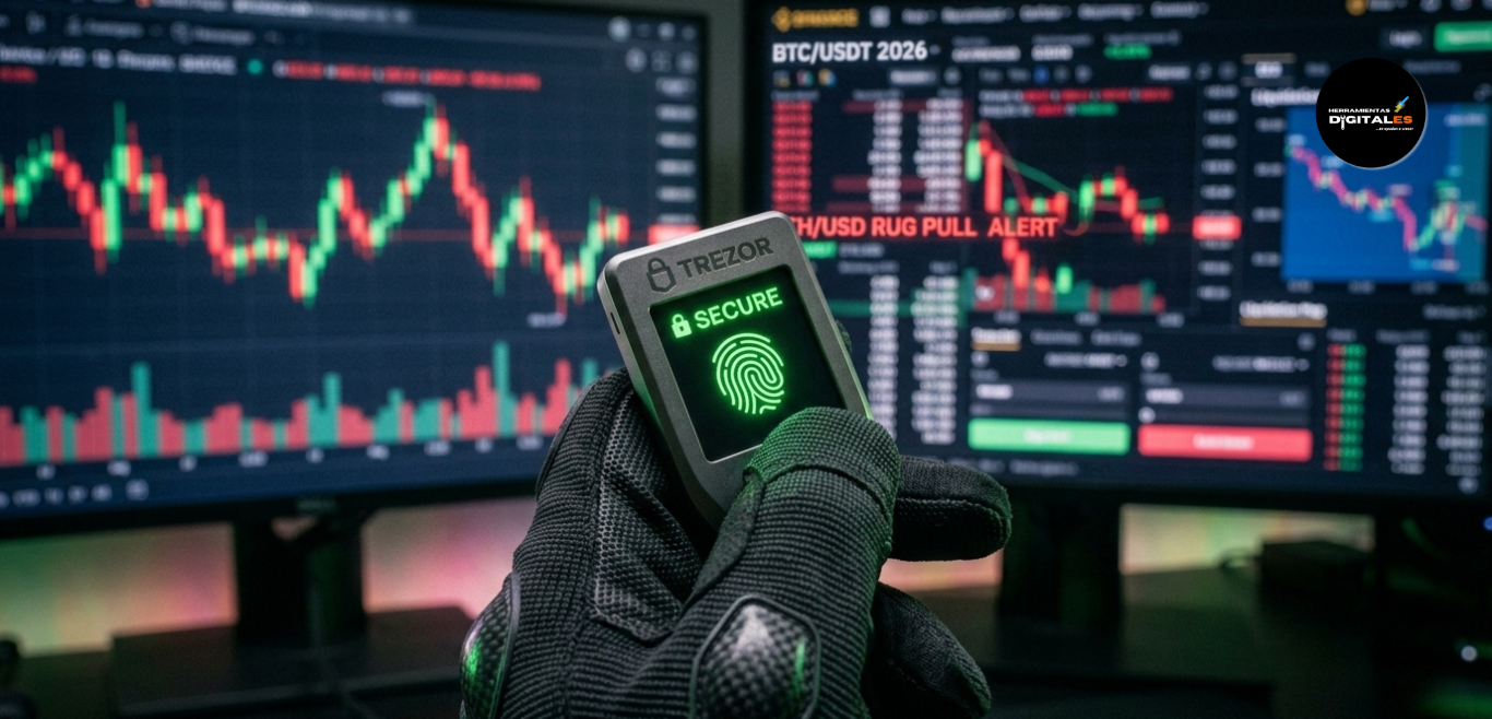 imagen cinematográfica en primer plano de una mano con guante táctico negro texturizado sosteniendo una billetera de hardware Trezor Safe 3 en una habitación oscura. La pantalla E-Ink del dispositivo brilla intensamente con un color verde neón intenso, mostrando un icono de candado cerrado y la palabra "SECURE". Al fondo, múltiples monitores borrosos muestran gráficos de velas rojas y verdes de criptomonedas parpadeando, simbolizando la volatilidad y los riesgos del mercado que el dispositivo está protegiendo físicamente.