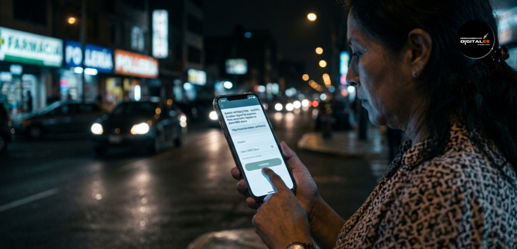 Primer plano de una mano sosteniendo un smartphone en la calle de noche, mostrando un mensaje de texto falso de un banco.