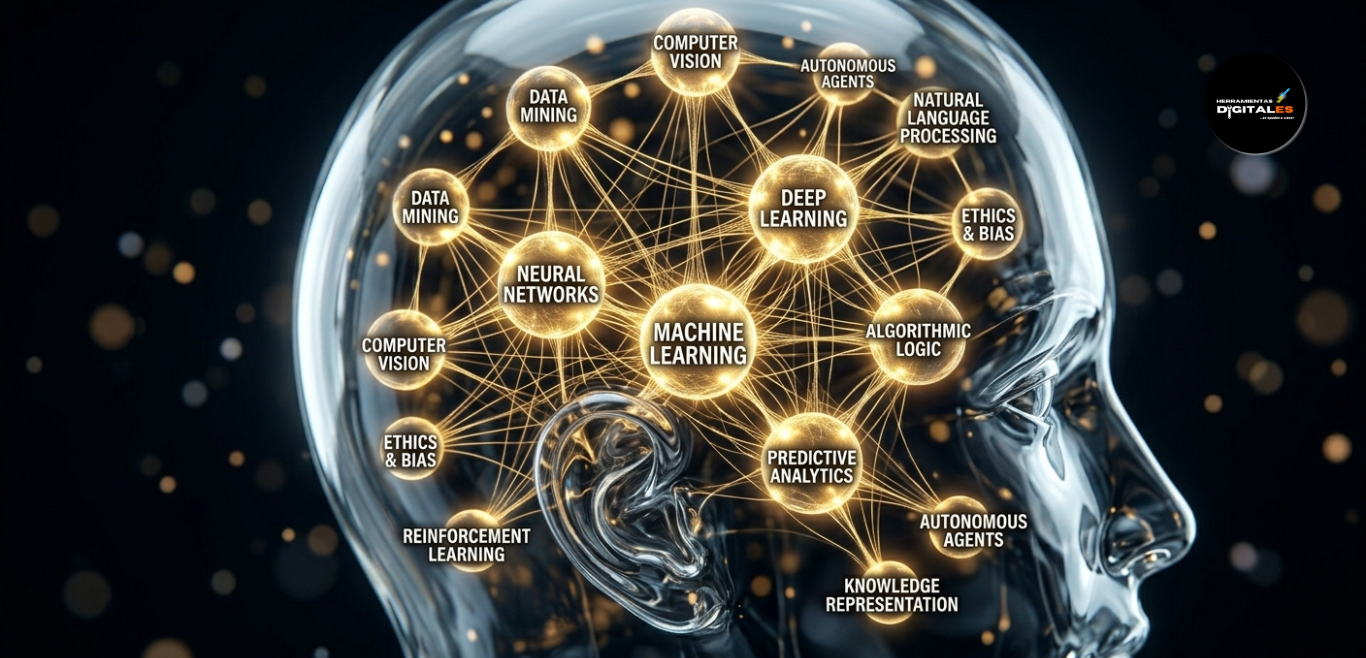 cerebro con palabras de conceptos de IA