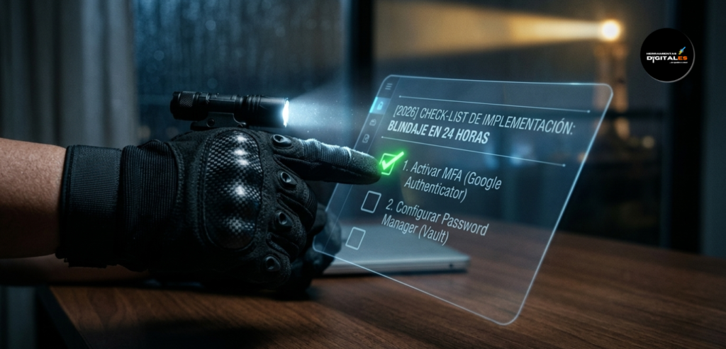 Texto Alternativo (ALT): 🛡️ Fotografía fotorrealista en primer plano de una mano blindada con el guante táctico de la mujer (image_18.png). Su dedo índice, iluminado por una linterna táctica, está marcando un check verde en una interfaz AR transparente. La lista proyectada sobre el escritorio de madera de image_32.png muestra los pasos del '[2026] CHECK-LIST DE IMPLEMENTACIÓN: BLINDAJE EN 24 HORAS'. El paso '✅ 1. Activar MFA (Google Authenticator)' está marcado. Al fondo, a través del ventanal lluvioso, se mantiene la guía del faro de La Perla barriendo la ciudad oscura con su haz de luz. Sin texto legible.