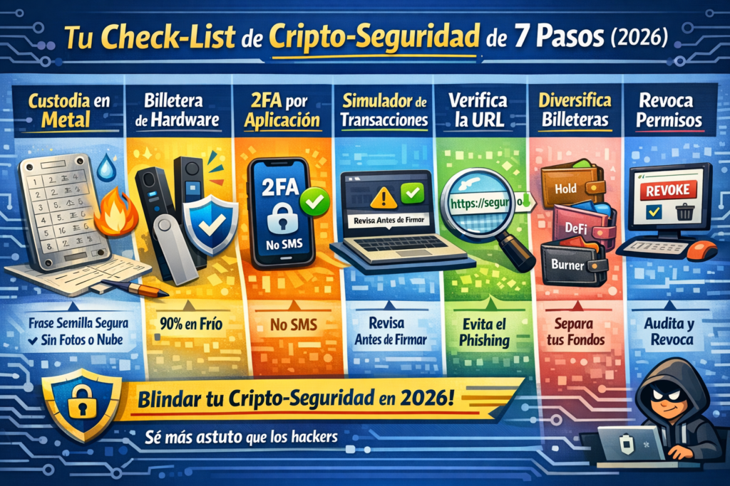 Infografía vertical sobre criptoseguridad: 'Tu Check-List de Cripto-Seguridad de 7 Pasos (2026)'. Muestra 7 columnas numeradas e ilustradas. 1. Custodia en Metal (Frase Semilla Segura sin Fotos o Nube, resistente a fuego y agua), 2. Billetera de Hardware (90% de fondos en Frío), 3. 2FA por Aplicación (No SMS), 4. Simulador de Transacciones (Revisa Antes de Firmar), 5. Verifica la URL (Evita el Phishing con candado verde), 6. Diversifica Billeteras (Separa tus Fondos: Hold, DeFi, Burner), 7. Revoca Permisos (Audita y Revoca contratos inteligentes). Abajo, un banner dice: '¡Blindar tu Cripto-Seguridad en 2026! Sé más astuto que los hackers' con un escudo y candado, y un hacker encapuchado en su laptop. Diseño de ilustración moderna profesional con fondo de circuito electrónico.