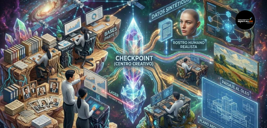 : Infografía que explica el concepto de Checkpoint o Modelo Base en la ia generativa avanzada, mostrando cómo un núcleo de datos central genera múltiples estilos y resultados visuales.