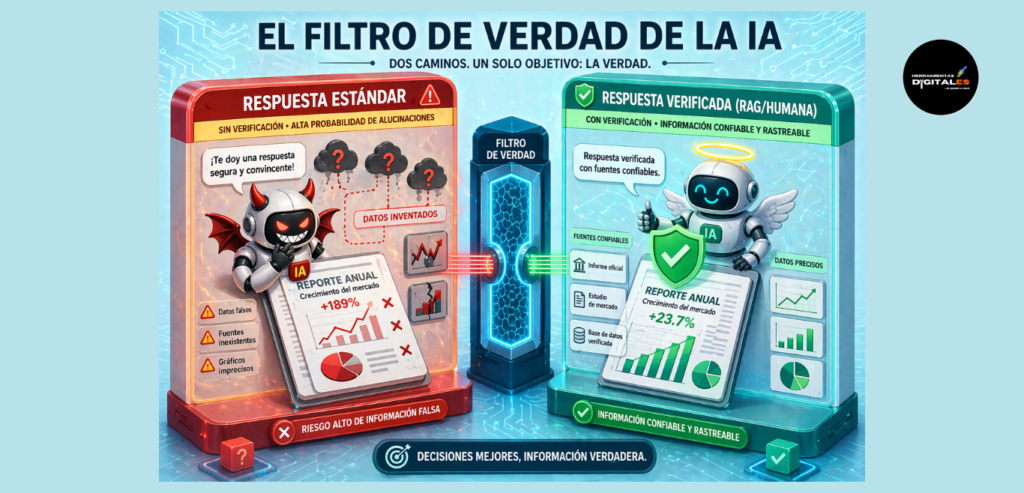 Infografía isométrica dividida en dos lados. Lado izquierdo (rojo/amarillo): Caja etiquetada como 'RESPUESTA ESTÁNDAR', que muestra a una IA sonriendo y inventando datos falsos de un reporte (iconos de nubes con signos de interrogación y gráficos rotos). Lado derecho (cian/verde): Caja etiquetada como 'RESPUESTA VERIFICADA (RAG/Humana)', que muestra un escudo de verificación sobre el mismo reporte, con iconos de gráficos precisos y una lupa sobre los datos. Título superior: 'EL FILTRO DE VERDAD DE LA IA'. Fondo tecnológico cian suave.