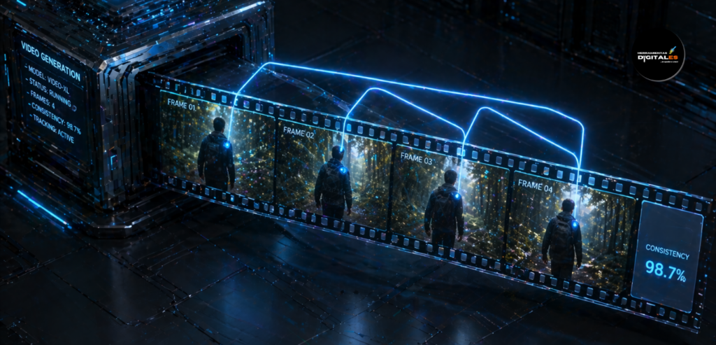 Infografía sobre la consistencia temporal en la ia generativa avanzada, mostrando cómo los frames de un video mantienen la coherencia visual y de identidad.