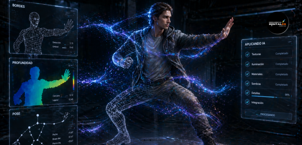 Infografía sobre ControlNet en ia generativa avanzada, mostrando cómo una estructura de control (esqueleto o mapa de bordes) guía la generación final de una imagen compleja.