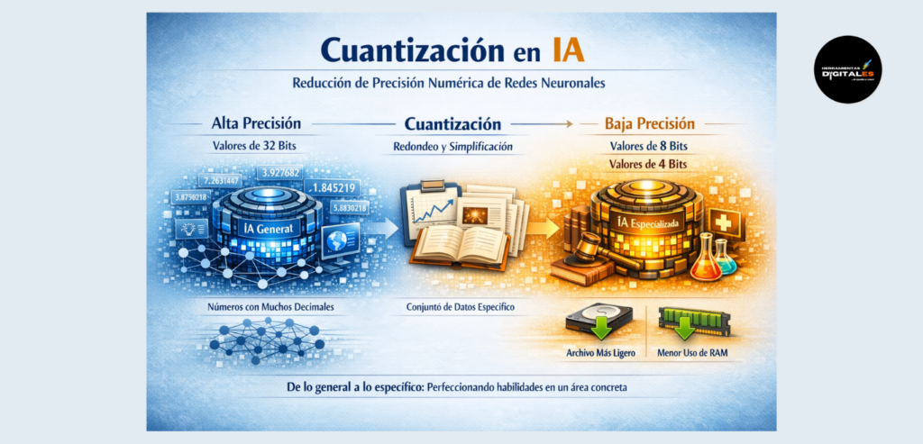 : Infografía sobre la Cuantización en ia generativa avanzada, mostrando cómo se reduce el tamaño de un modelo para que sea ejecutable en dispositivos comunes.