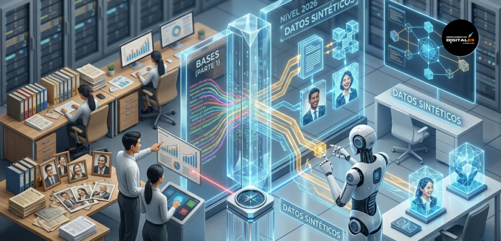 Infografía sobre el uso de datos sintéticos en la ia generativa avanzada, mostrando la transformación de información real en datos artificiales seguros para el entrenamiento de modelos.