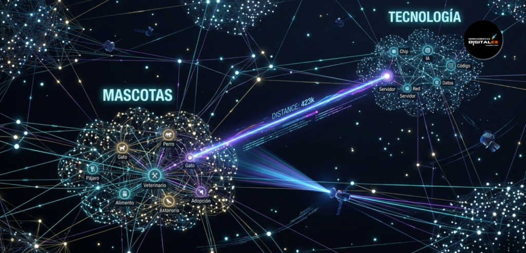 Representación visual de embeddings en IA generativa avanzada, mostrando cómo las palabras se agrupan por significado en un espacio vectorial 3D.
