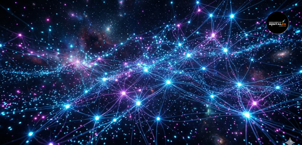 Una representación visual del "espacio latente": una red infinita de nodos brillantes y partículas de luz en un vacío cósmico, con colores azul eléctrico y magenta, iluminación cinematográfica, estilo fotorrealista.