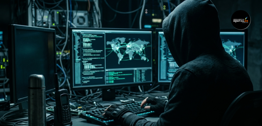 Ciberdelincuente de espaldas en una habitación oscura frente a monitores con código, esperando interceptar datos bancarios.