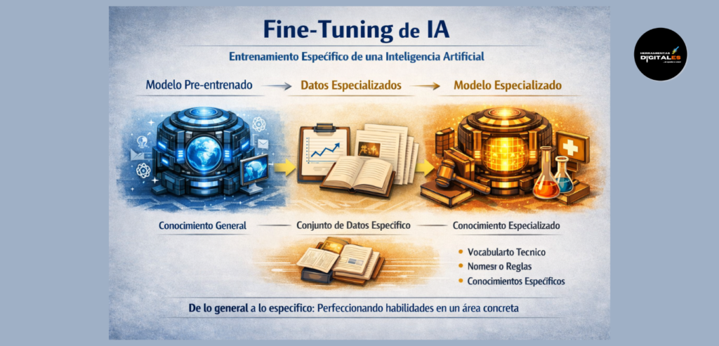 Infografía sobre el proceso de Fine-tuning en ia generativa avanzada, visualizando cómo un modelo general se convierte en un experto mediante datos específicos.