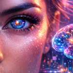 Primer plano artístico de un rostro femenino fusionado con elementos digitales, mostrando un ojo con un iris de red neuronal y un cerebro holográfico brillante al lado, en una atmósfera de luces neón y partículas de datos.