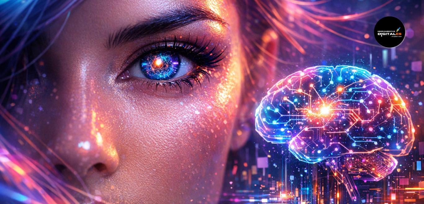 Primer plano artístico de un rostro femenino fusionado con elementos digitales, mostrando un ojo con un iris de red neuronal y un cerebro holográfico brillante al lado, en una atmósfera de luces neón y partículas de datos.