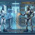 Una ilustración digital detallada que muestra la colaboración entre un Bot de IA Generativa y un Bot de IA Operativa dentro de un ecosistema empresarial moderno. El Bot Generativo, de color blanco y azul, está a la izquierda, interactuando con una pantalla holográfica que muestra etiquetas como 'CREACIÓN DE CONTENIDO', 'DATA', 'TEXTO Y VISUALES' y 'PREDICCIONES', junto con un panel que dice 'MODELOS LLM'. El Bot Operativo, de color gris metálico y naranja, está a la derecha, gestionando componentes de infraestructura física como servidores y tuberías, con etiquetas que indican 'INTEGRACIÓN DE FLUJOS', 'RESULTADOS TANGIBLES', 'EJECUCIÓN EN TIEMPO REAL', 'INFRAESTRUCTURA EMPRESARIAL', 'ACCIONES AUTÓNOMAS' y 'SISTEMAS OPERATIVOS / PROCESOS DE NEGOCIO'. Una barrera central clara los separa, pero un flujo de energía conecta sus paneles. Un panel de texto inferior dice 'LA UNIÓN DE LA IA GENERATIVA Y OPERATIVA EN EL ECOSISTEMA EMPRESARIAL', y el logotipo de 'HERRAMIENTAS DIGITALES' está en la esquina superior derecha.