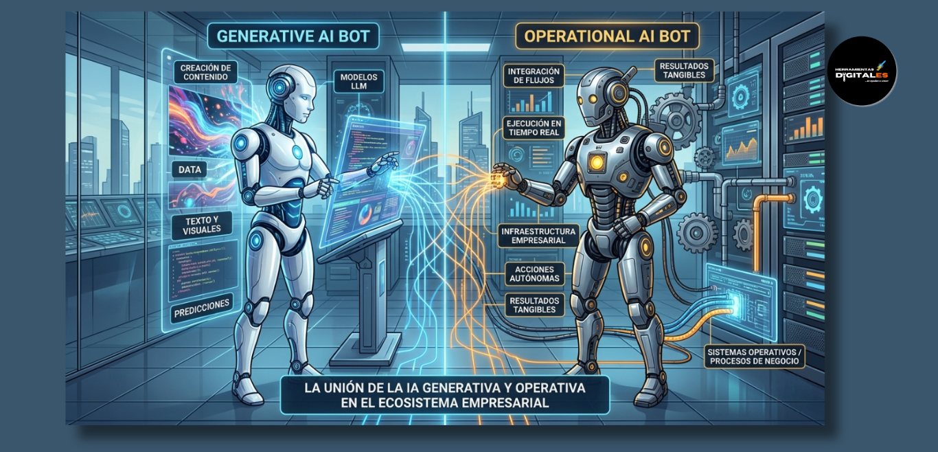 Una ilustración digital detallada que muestra la colaboración entre un Bot de IA Generativa y un Bot de IA Operativa dentro de un ecosistema empresarial moderno. El Bot Generativo, de color blanco y azul, está a la izquierda, interactuando con una pantalla holográfica que muestra etiquetas como 'CREACIÓN DE CONTENIDO', 'DATA', 'TEXTO Y VISUALES' y 'PREDICCIONES', junto con un panel que dice 'MODELOS LLM'. El Bot Operativo, de color gris metálico y naranja, está a la derecha, gestionando componentes de infraestructura física como servidores y tuberías, con etiquetas que indican 'INTEGRACIÓN DE FLUJOS', 'RESULTADOS TANGIBLES', 'EJECUCIÓN EN TIEMPO REAL', 'INFRAESTRUCTURA EMPRESARIAL', 'ACCIONES AUTÓNOMAS' y 'SISTEMAS OPERATIVOS / PROCESOS DE NEGOCIO'. Una barrera central clara los separa, pero un flujo de energía conecta sus paneles. Un panel de texto inferior dice 'LA UNIÓN DE LA IA GENERATIVA Y OPERATIVA EN EL ECOSISTEMA EMPRESARIAL', y el logotipo de 'HERRAMIENTAS DIGITALES' está en la esquina superior derecha.
