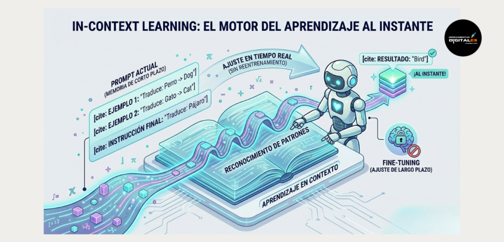 Infografía isométrica 3D que explica el In-Context Learning (ICL), mostrando cómo un LLM procesa ejemplos dentro de un prompt para reconocer patrones y generar resultados coherentes sin necesidad de reentrenamiento. Estilo tecnológico en cian y morado.