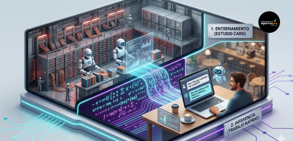 "Imagen dividida en dos escenas. Escena SUPERIOR (Entrenamiento): Un supercomputador gigante en un hangar, miles de cables, un robot IA con libros y gráficos de datos masivos. Etiqueta: '1. ENTRENAMIENTO (ESTUDIO CARO)'. Escena INFERIOR (Inferencia): Un usuario en una laptop en una cafetería, la IA responde instantáneamente una pregunta. Etiqueta: '2. INFERENCIA (TRABAJO RÁPIDO)'. El flujo de datos brilla en cian neón entre las escenas. Estilo isométrico limpio."