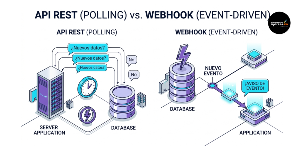 Infografía técnica que compara visualmente el método de 'polling' de las API REST (preguntar repetidamente por datos) frente a la eficiencia de los Webhooks (enviar datos instantáneamente cuando ocurre un evento).