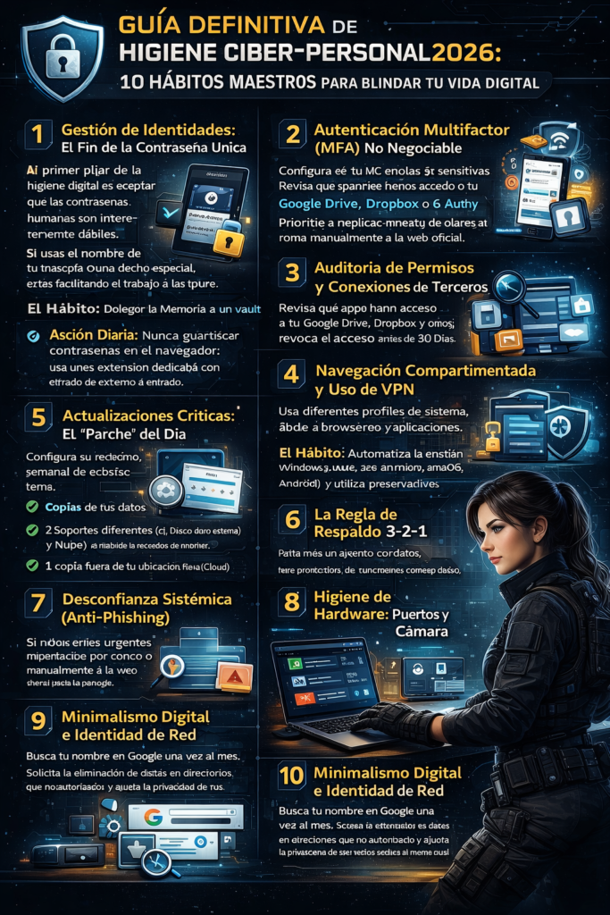 Infografía digital horizontal titulada 'GUÍA DEFINITIVA DE HIGIENE CIBER-PERSONAL 2026: 10 HÁBITOS MAESTROS PARA BLINDAR TU VIDA DIGITAL'. En el centro, una mujer profesional con uniforme táctico y guantes blindados (image_14.png) gestiona un panel holográfico. Diez secciones numeradas detallan los pasos (Passkeys, MFA, VPN, Backup 3-2-1, Anti-Phishing) con iconos y texto descriptivo encriptado