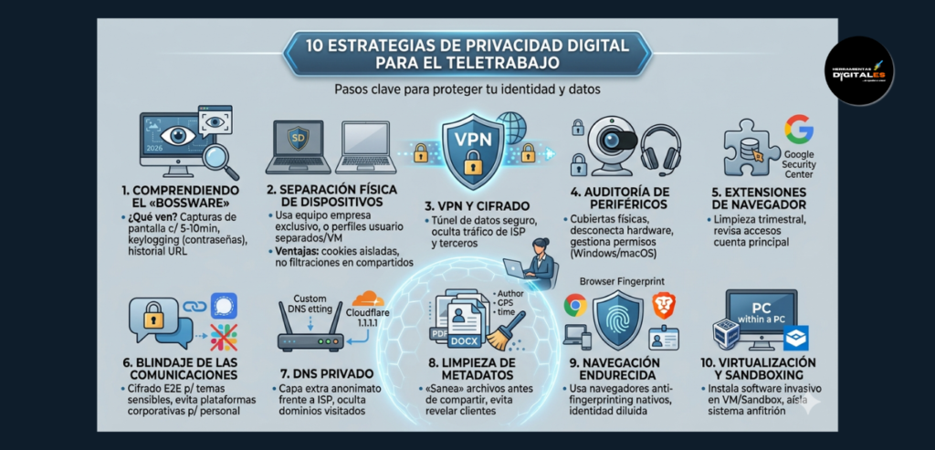 Infografía horizontal que muestra la "Hoja de Ruta para la Privacidad Digital en el Teletrabajo". Incluye 5 pasos clave: 1. Separación de Dispositivos, 2. Uso de VPN, 3. Seguridad de Periféricos, 4. Comunicación Cifrada y 5. Auditoría de Software. Diseño moderno en tonos azules y grises, con iconos limpios y minimalistas para cada sección.