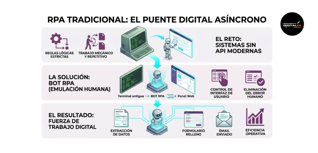 Infografía técnica isométrica que explica el funcionamiento del RPA tradicional. Muestra cómo un bot de software emula las acciones humanas en una interfaz de usuario antigua (Legacy System), ejecutando reglas estrictas (Estructurado) para conectar sistemas que no tienen APIs modernas.