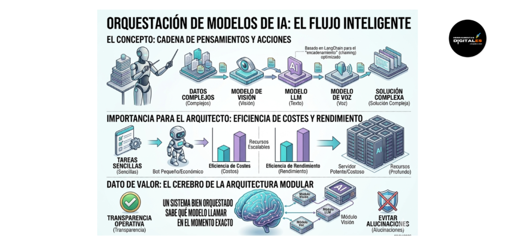 Infografía técnica detallada que ilustra el concepto de Orquestación de Modelos de IA. Muestra una cadena lógica de pensamientos y acciones (con referencia a LangChain), la importancia operativa para los arquitectos (eficiencia de costes y rendimiento usando modelos pequeños vs. potentes), y el dato de valor sobre el "cerebro" de la arquitectura modular que sabe qué modelo llamar exactamente para garantizar la transparencia operativa y evitar alucinaciones.