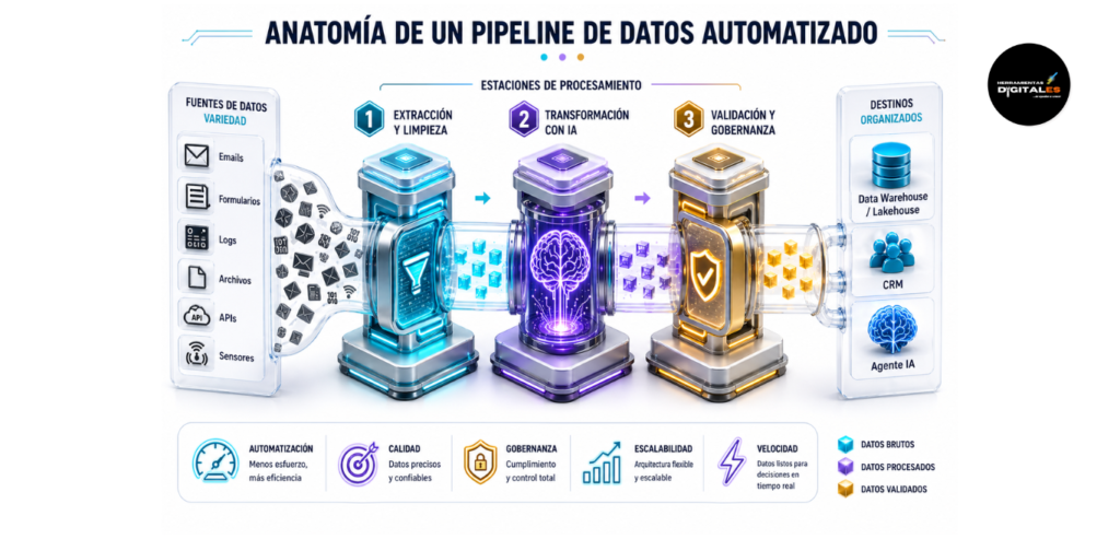 Infografía técnica isométrica que ilustra el concepto de un Pipeline de Datos automatizado. Muestra el flujo desde fuentes de datos múltiples, pasando por etapas de extracción, limpieza, transformación con IA y validación, hasta llegar a destinos finales organizados y listos para la acción operativa.