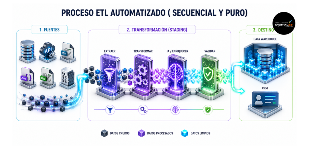 : Infografía técnica isométrica que ilustra el proceso secuencial de ETL (Extraer, Transformar, Cargar). Muestra datos crudos de múltiples fuentes siendo extraídos a un motor central de transformación donde se limpian y procesan con IA, para finalmente cargarse en un destino final organizado y puro.

