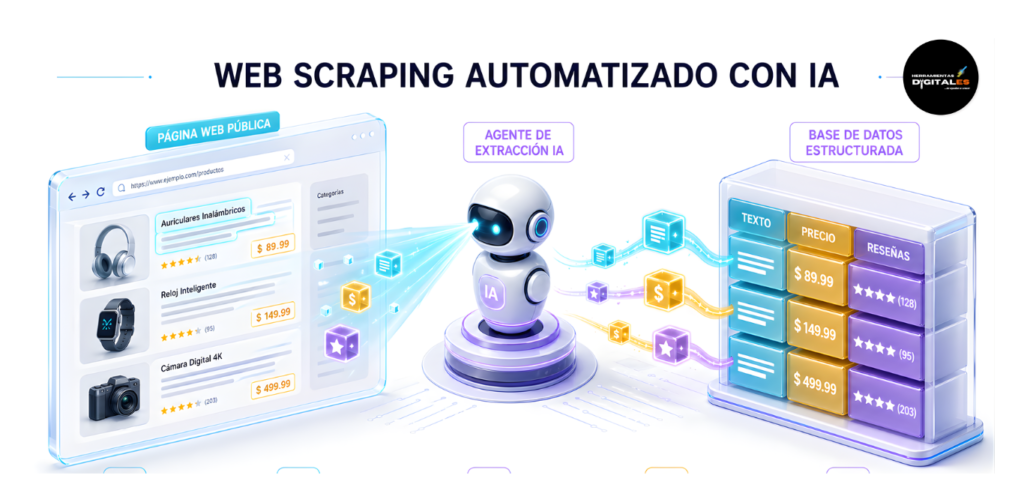 Infografía técnica isométrica que ilustra el proceso de Web Scraping Automatizado. Muestra un Agente de IA escaneando una página web pública y extrayendo datos estructurados (precios, reseñas, textos) hacia una base de datos organizada, simulando la navegación humana.