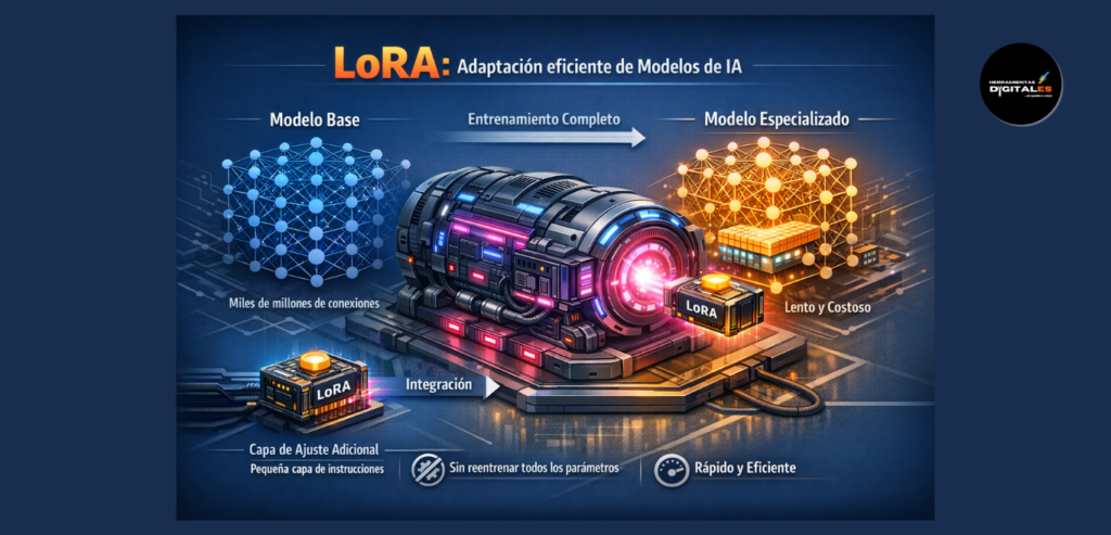 : Infografía sobre la técnica LoRA en ia generativa avanzada, mostrando cómo un módulo pequeño especializa a un modelo de IA grande de manera eficiente.