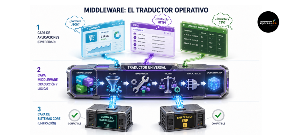 Diagrama isométrico que muestra el Middleware como un núcleo central de conectividad que traduce y organiza datos entre múltiples sistemas de software divergentes.