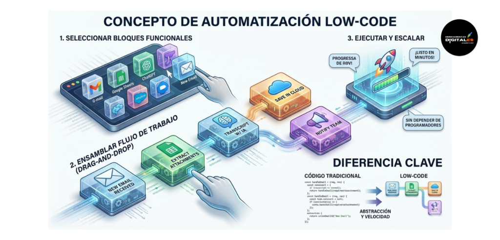 : Infografía técnica que explica el concepto de automatización Low-Code, mostrando el proceso de arrastrar y soltar (drag-and-drop) bloques funcionales de cristal (como emails, IA, bases de datos) para construir un flujo de trabajo lógico sin escribir código.