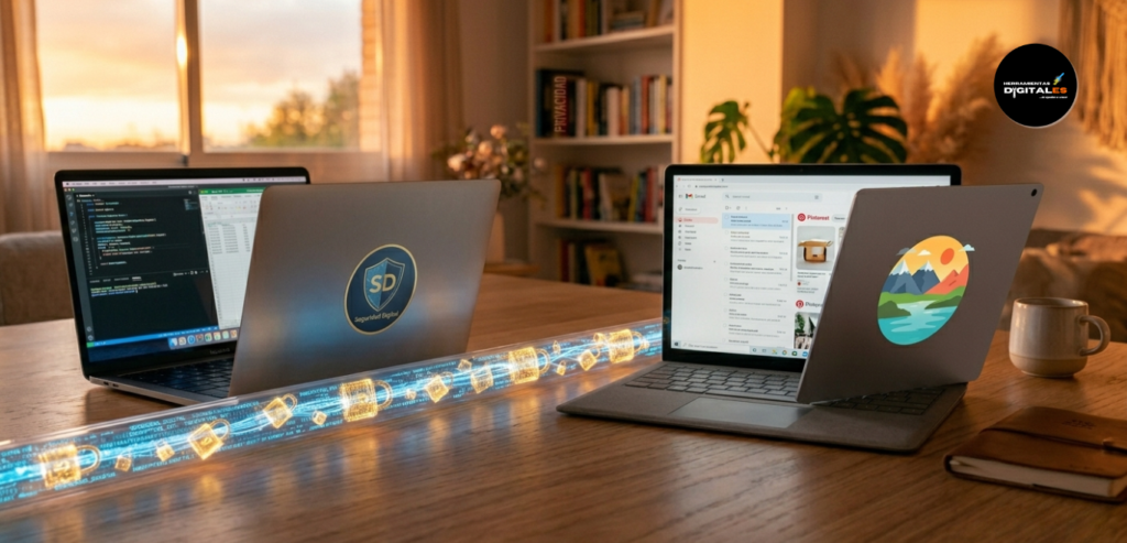 Un escritorio de trabajo moderno y minimalista en un ambiente doméstico. Hay dos ordenadores portátiles claramente diferenciados, uno con un adhesivo profesional y otro personal. La iluminación es suave, destacando un ambiente de orden y control. Sin texto, estilo fotorrealista.