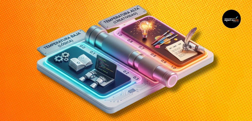 "Ilustración de un gran dial de control horizontal futurista. En el extremo izquierdo (0.0), el dial está en azul neón con iconos de engranajes, un manual técnico y un robot escribiendo código perfecto. Título: 'TEMPERATURA BAJA (LÓGICA)'. En el extremo derecho (1.0 o más), el dial está en rosa neón/naranja con iconos de una bombilla explotando en chispas, un pincel de arte y un robot escribiendo un guion de cine. Título: 'TEMPERATURA ALTA (CREATIVIDAD)'. Estilo isométrico moderno en fondo claro."
