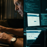 Representación de una estafa de phishing bancario donde un atacante intercepta claves en tiempo real.