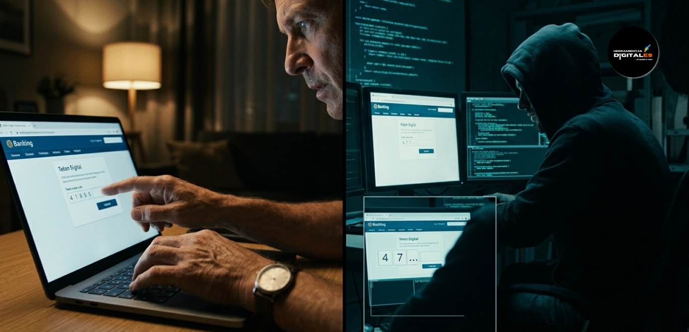 Representación de una estafa de phishing bancario donde un atacante intercepta claves en tiempo real.