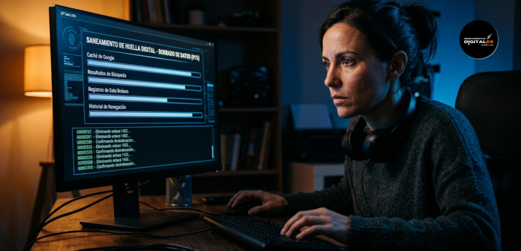 fotografía fotorrealista de primer plano de una persona frente a un monitor en una habitación oscura con iluminación cinematográfica azul y ámbar. El rostro refleja concentración mientras la pantalla muestra una interfaz digital de "borrado de datos" con barras de progreso.