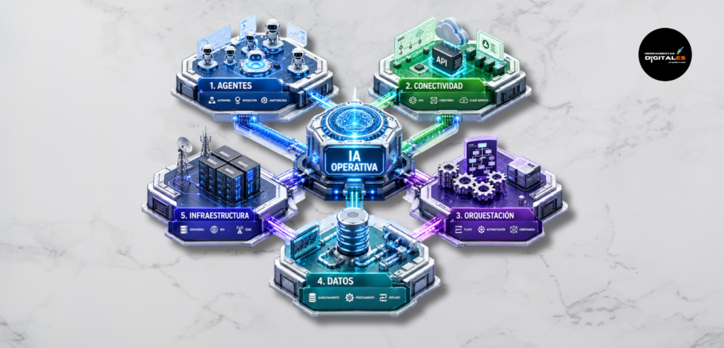 Diagrama isométrico de alto nivel que ilustra el ecosistema de la IA Operativa, conectando módulos de agentes autónomos, conectividad API, orquestación de flujos, pipelines de datos e infraestructura edge en un sistema unificado.